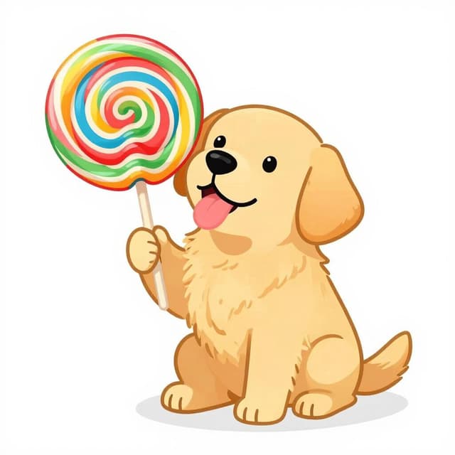 A friendly golden retriever dog licking a large, colorful swirl lollipop.