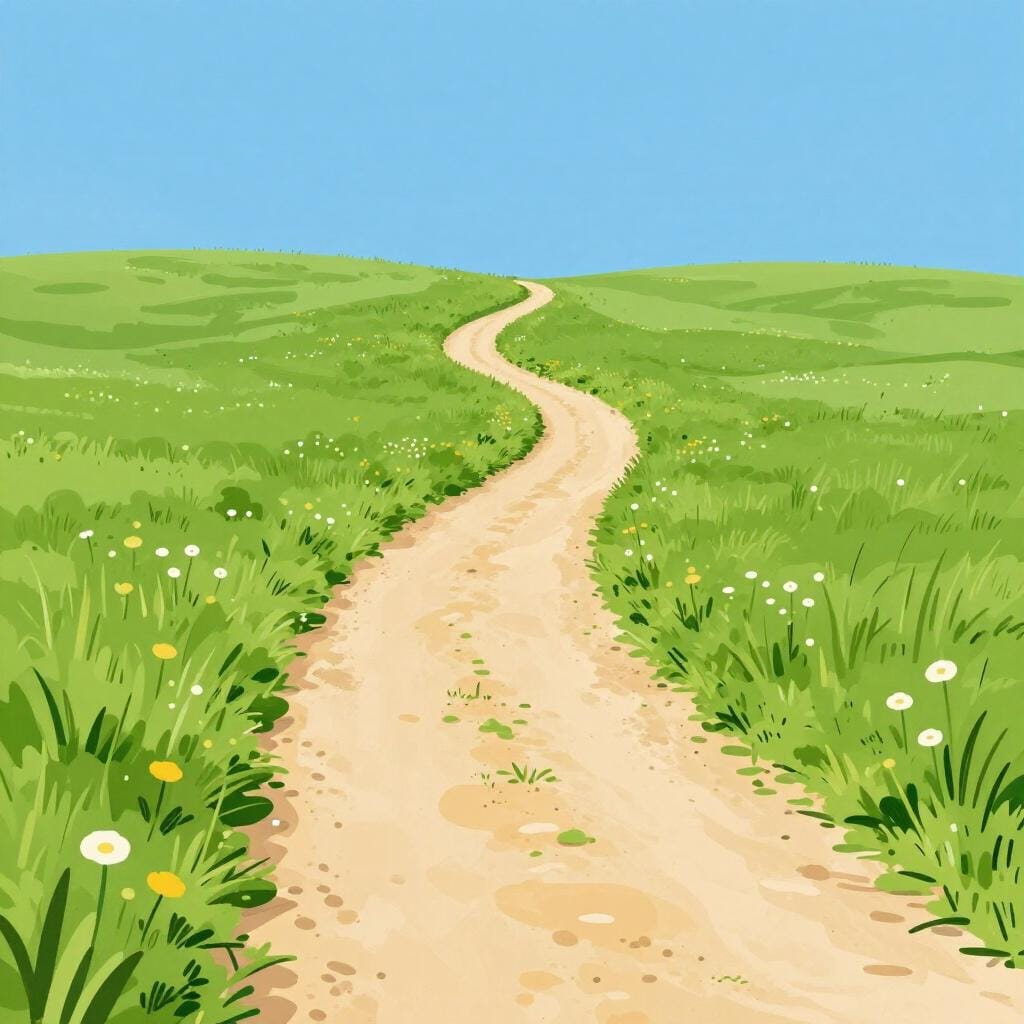 Une illustration colorée d'un livre d'histoires représentant un chemin sinueux à travers une prairie ensoleillée qui mène au-delà d'une colline lointaine, suggérant un voyage qui se poursuit.
