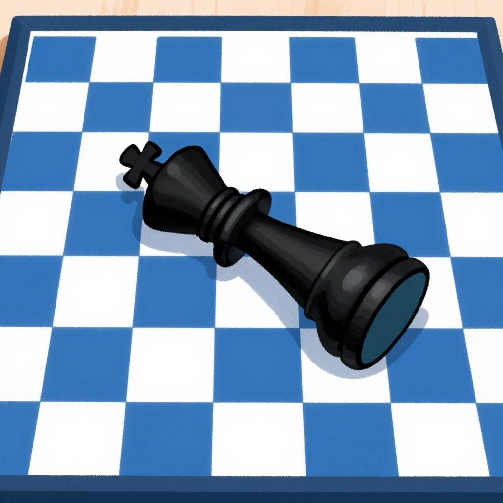 Een enkele schaakkoning die omgevallen ligt op een geblokt bord.