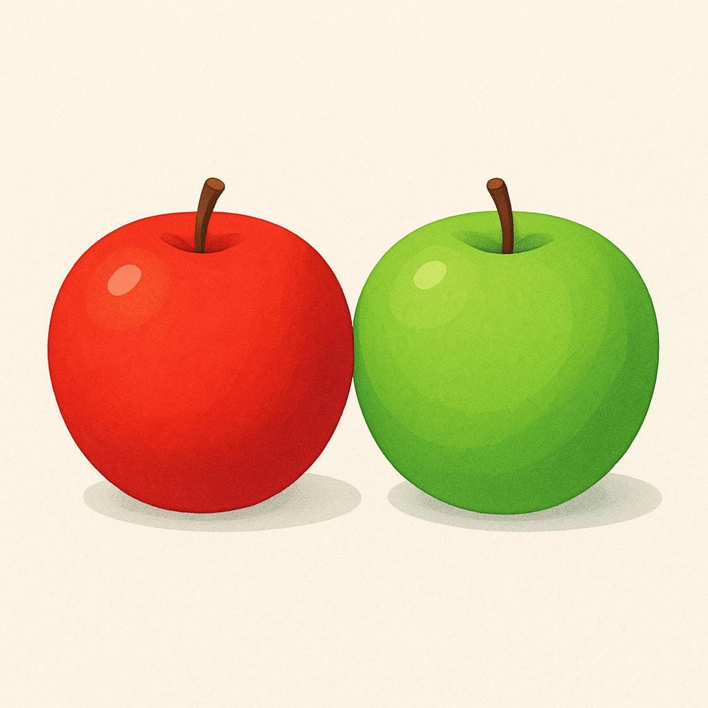 A vibrant illustration showing a perfectly round red apple placed next to a perfectly round green apple, highlighting their similar nature.