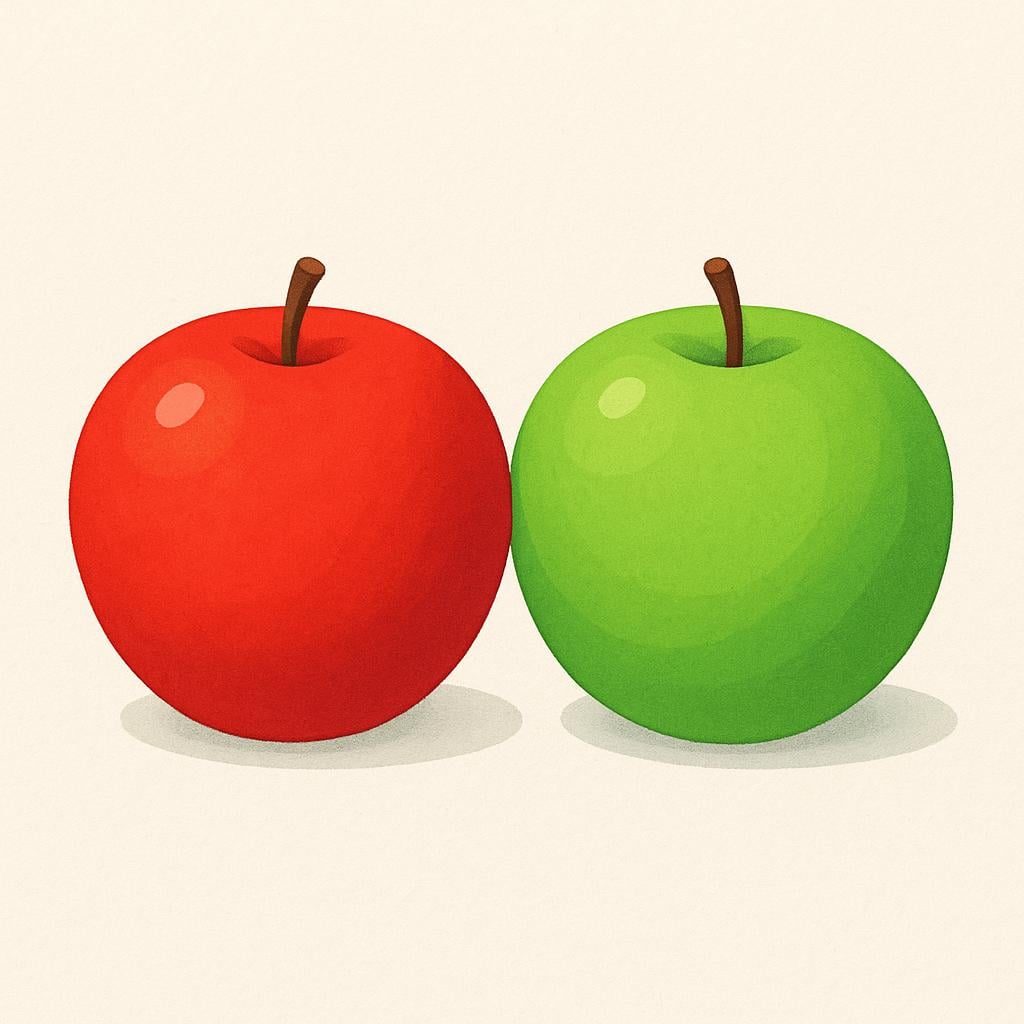 A vibrant illustration showing a perfectly round red apple placed next to a perfectly round green apple, highlighting their similar nature.