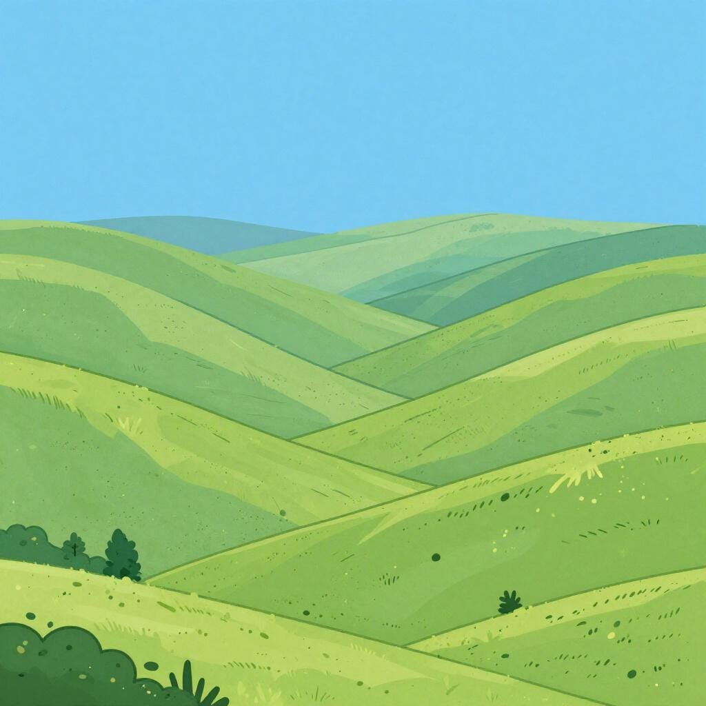 A vast green valley stretching towards distant purple mountains under a clear blue sky.