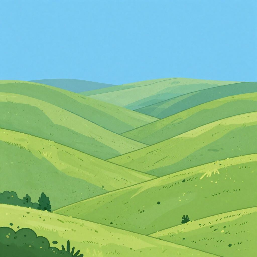 A vast green valley stretching towards distant purple mountains under a clear blue sky.