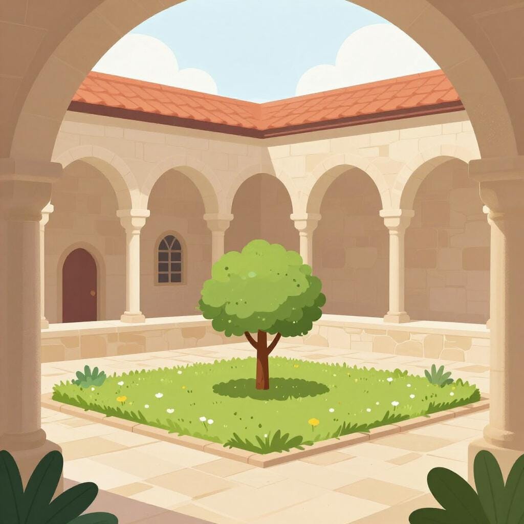 A peaceful stone courtyard with an arched walkway and a small garden in the center.