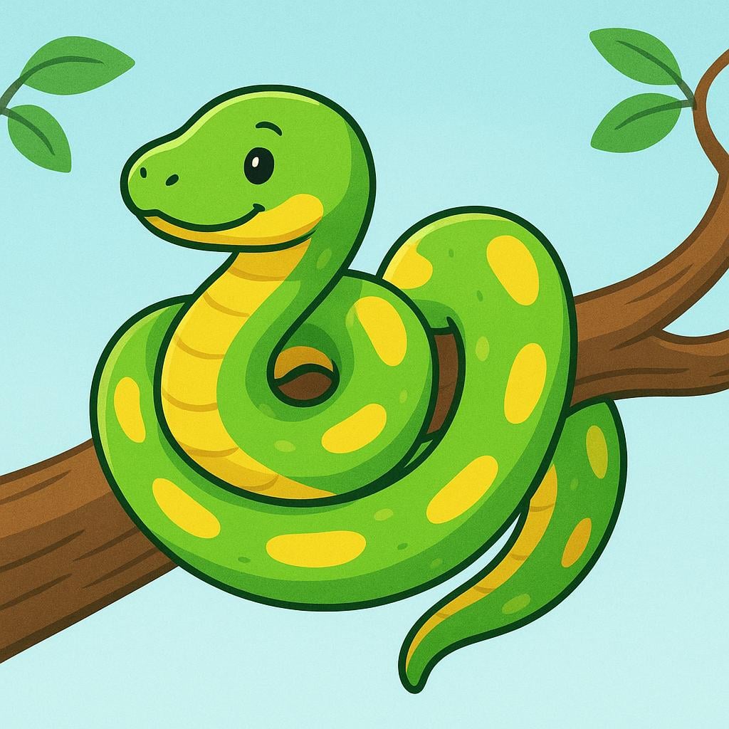 A realistic, thick green snake coiled up on a smooth brown branch in a sunny jungle environment.