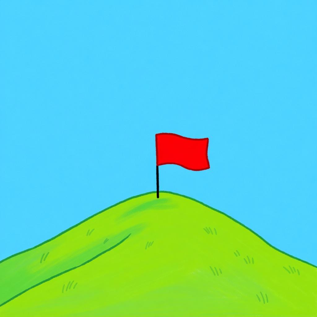 A simple green hill landscape with a bright red flag planted exactly at the highest peak, marking a specific location.