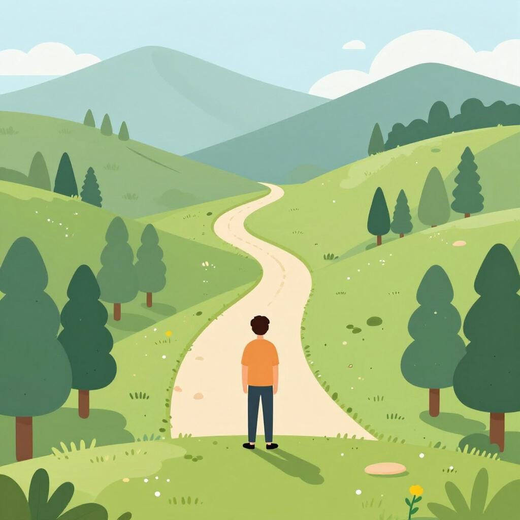 A person with a backpack standing on a hilltop looking out at a winding path that leads toward a variety of different colorful landscapes.