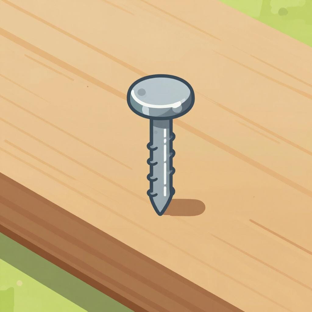 Een enkele metalen spijker half in een schone houten plank geslagen.