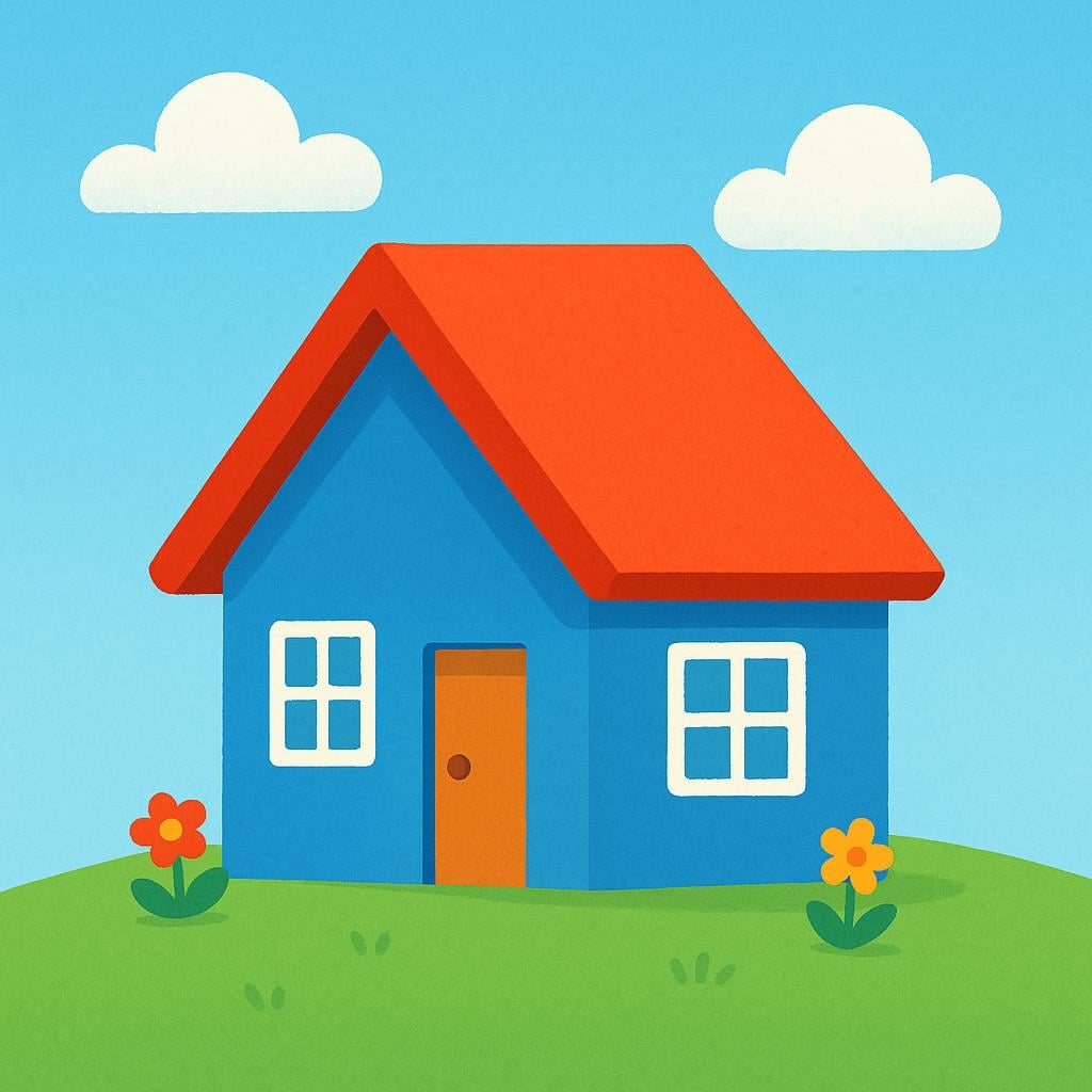 A storybook illustration of a small house with a distinct red tiled roof.