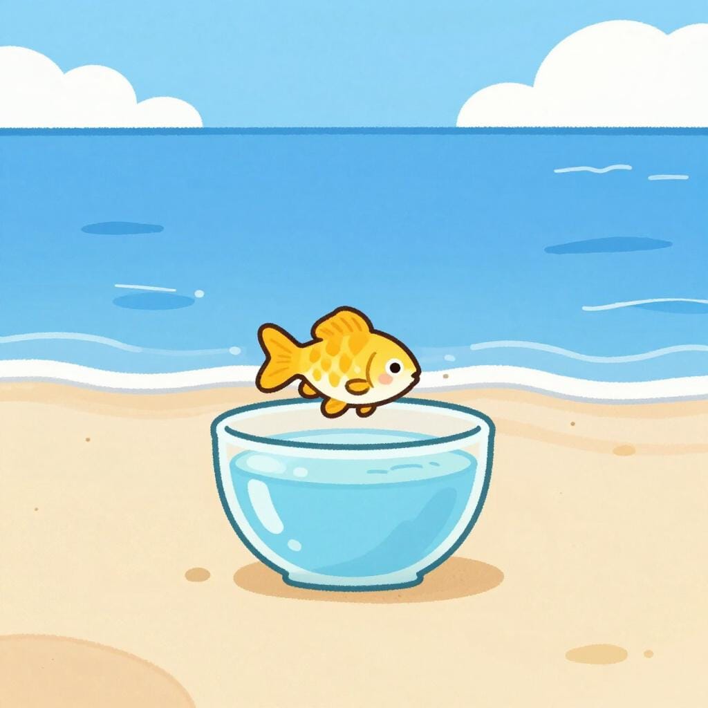 小さな金魚鉢から大きな海へ飛び出す小さな魚。