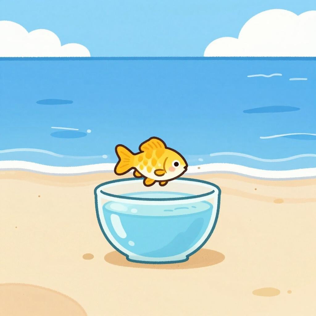 小さな金魚鉢から大きな海へ飛び出す小さな魚。