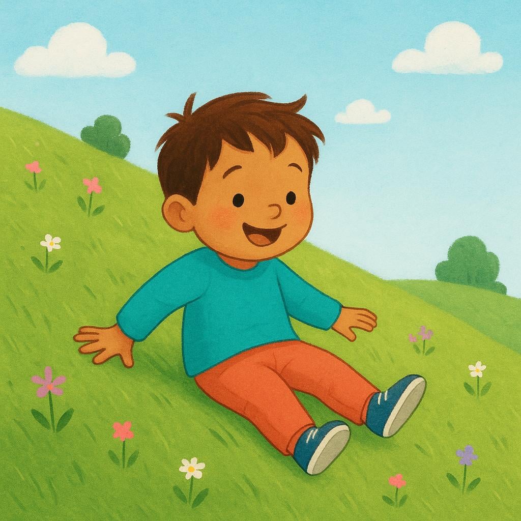 A small, cheerful figure sliding down a gentle grassy slope.