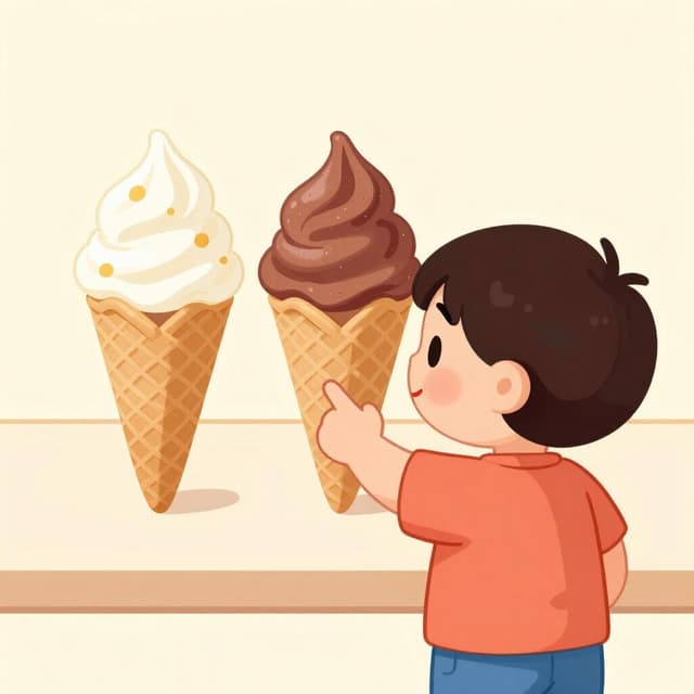 A child standing in front of two ice cream cones, one strawberry and one chocolate, pointing at the chocolate one.