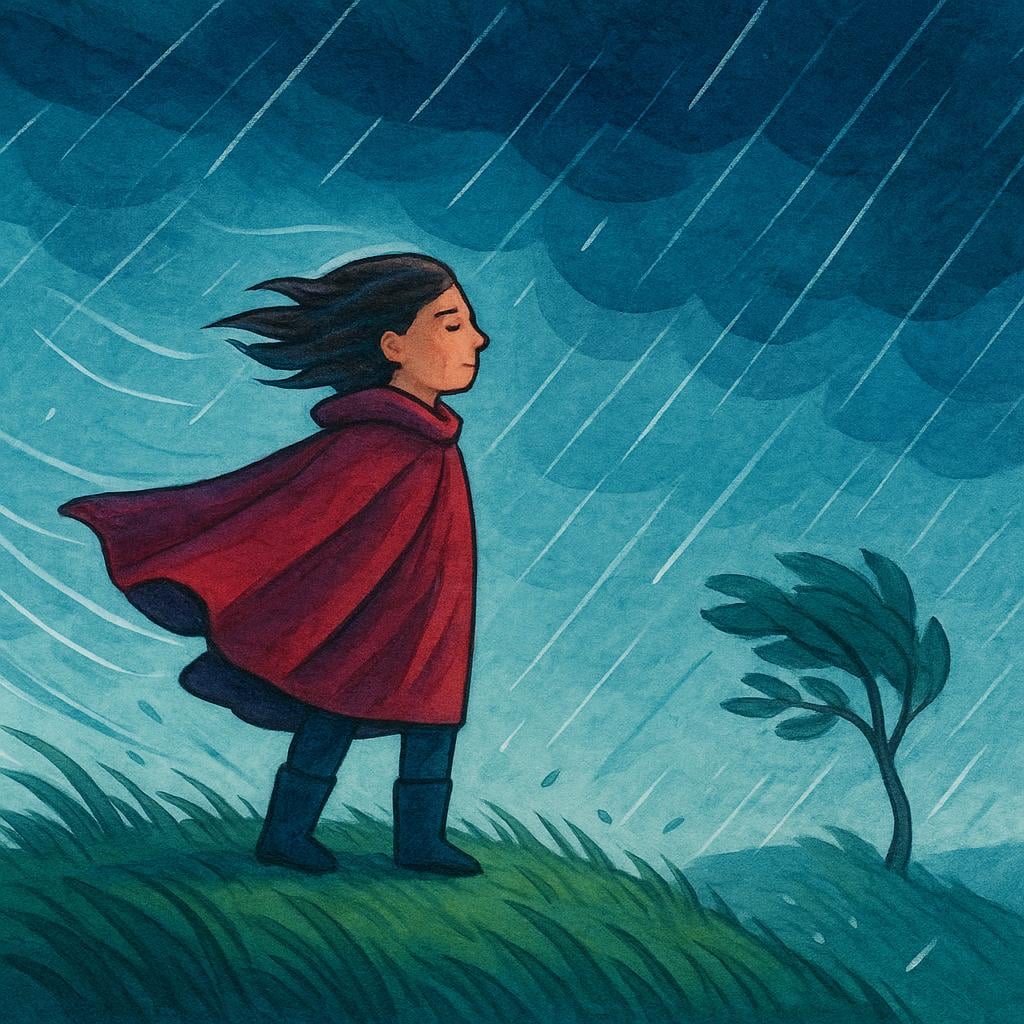 A solitary figure stands firmly on a windswept hill, enduring a strong gust of wind and heavy rain.