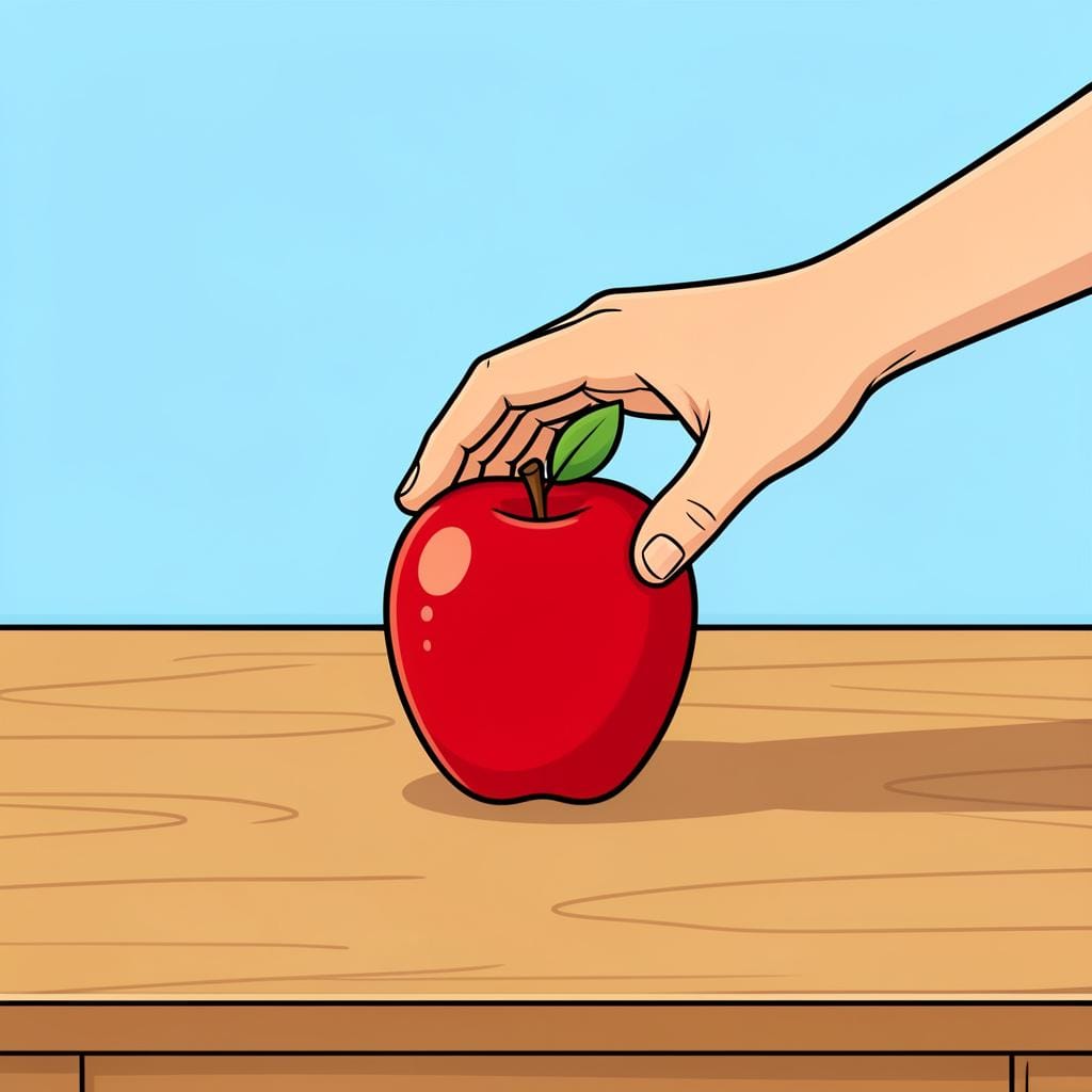 A hand placing a bright red apple onto a simple wooden table.