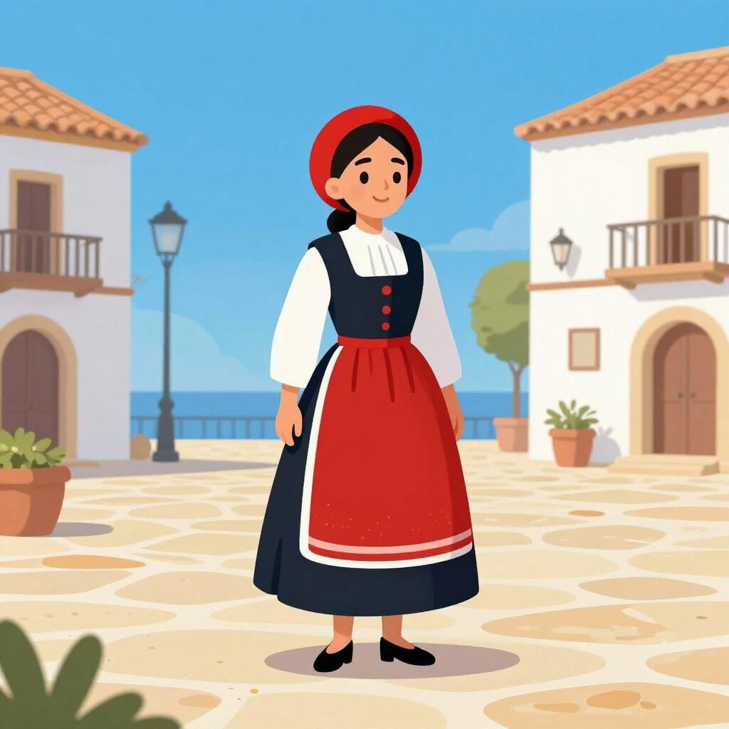 Una donna con un tradizionale abito catalano e un berretto rosso (barretina) che balla in una piazza illuminata dal sole.