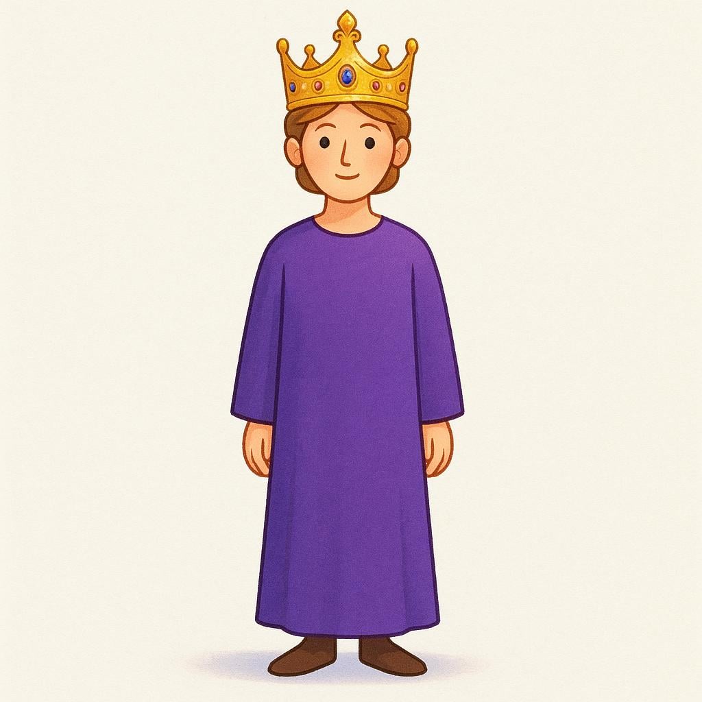 A simplified illustration of a person wearing a large, golden crown, symbolizing royalty.