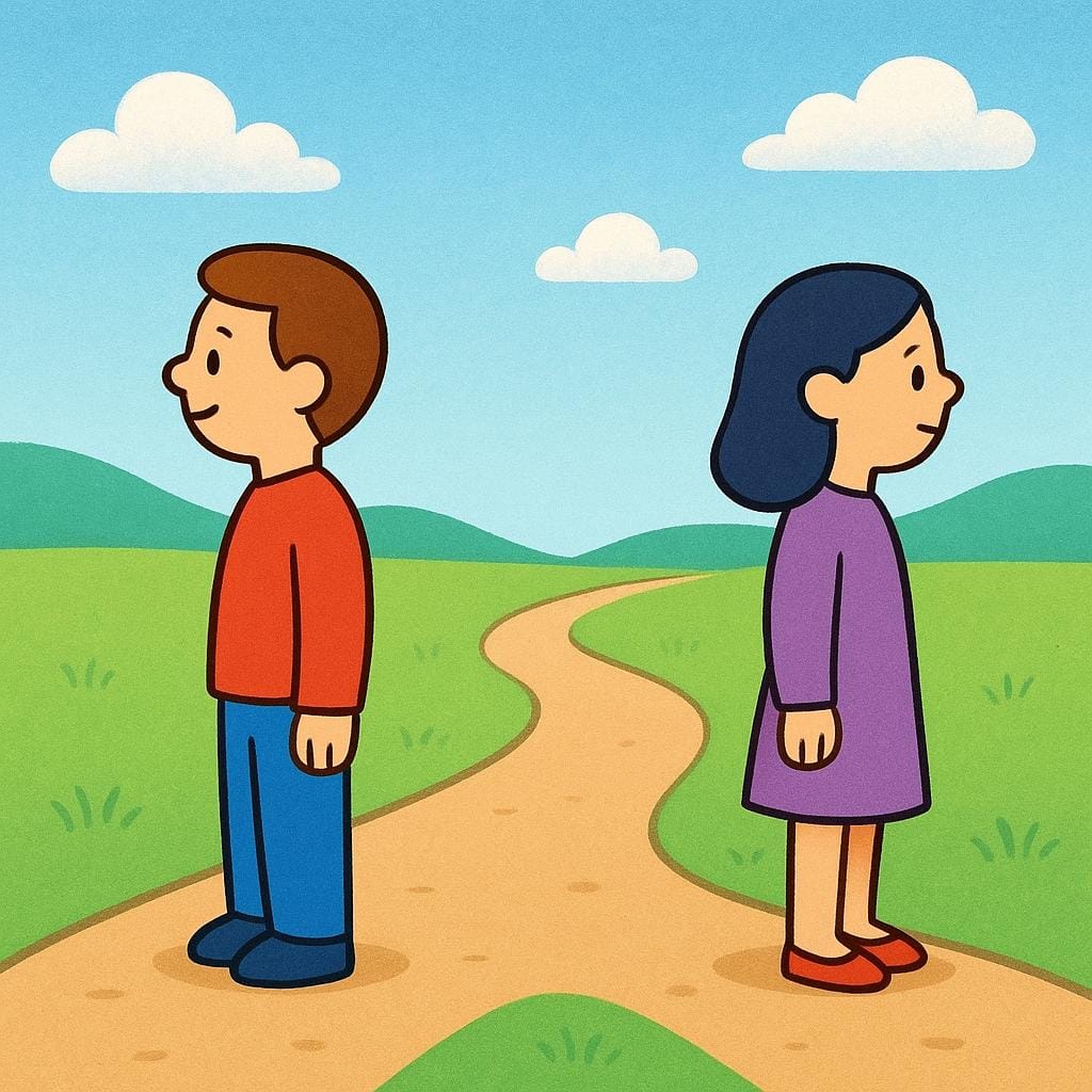 A storybook illustration showing two simple, stylized figures standing far apart from each other on a plain background, symbolizing separation.