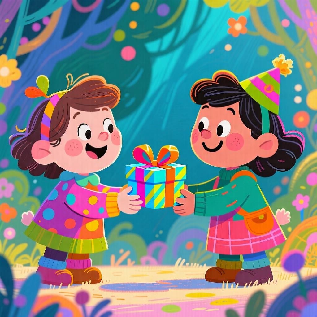 One person handing a small, wrapped token to another person to signify paying back a favor or apology.