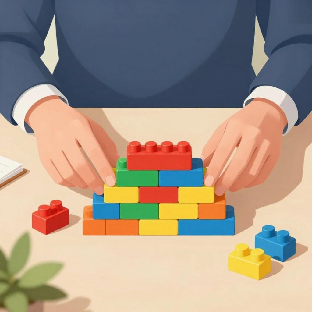 A person organizing a complex colorful puzzle on a desk to show management and coordination.