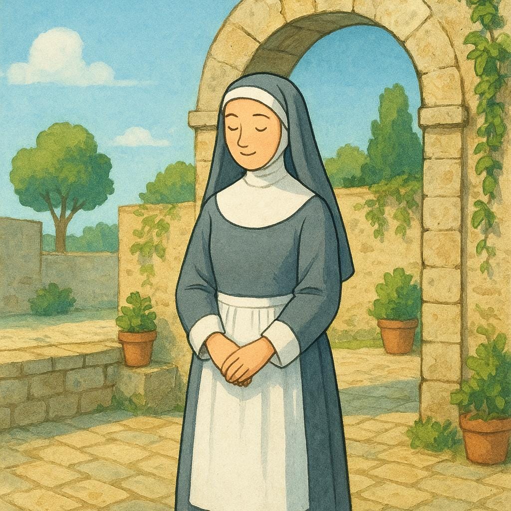 A woman wearing the traditional long, simple habit of a nun is standing peacefully in a quiet, sunlit courtyard.