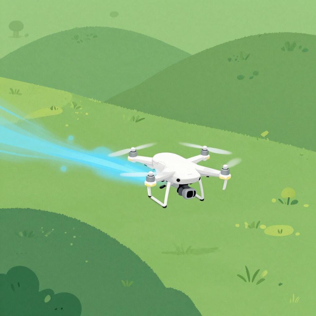 A small digital drone flying over a landscape with a glowing signal line indicating its path.