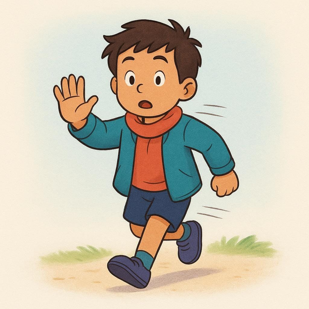 Een stripfiguur die snel rende, staat nu volledig stil en steekt één hand op als duidelijk signaal om te stoppen.