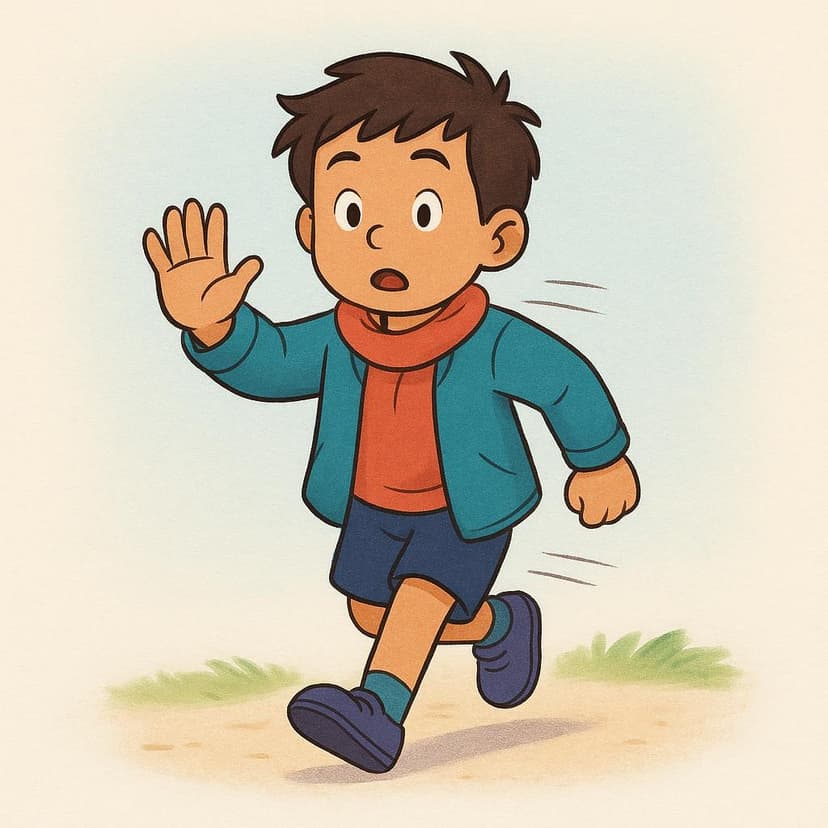 Eine Comicfigur, die schnell rannte, steht nun völlig still und hebt eine Hand als klares Stoppsignal.