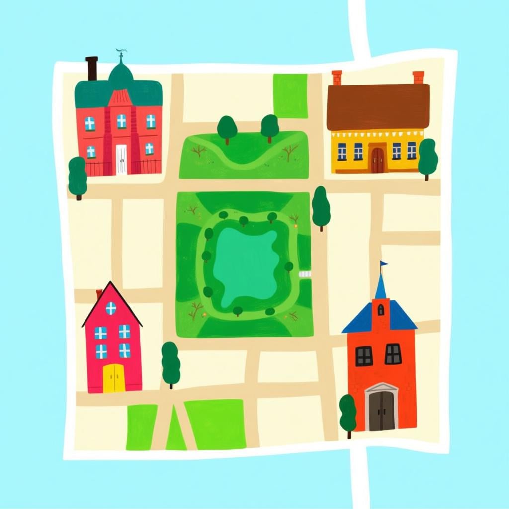 A top-down view of a simple, stylized city map showing the layout of streets, a river, and several buildings.