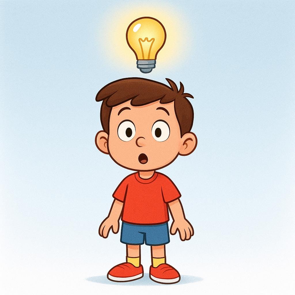 A simple cartoon character standing still with a bright, glowing lightbulb appearing directly above their head, signifying a sudden realization or 'aha' moment.