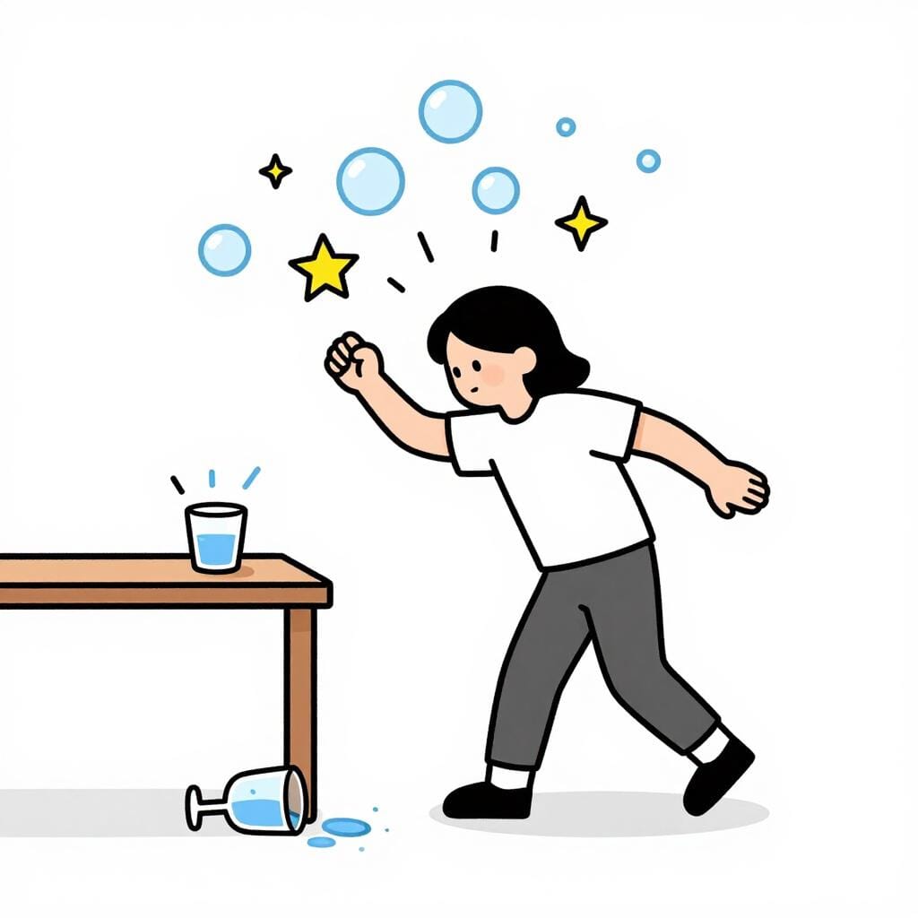 A person swaying unsteadily with a dizzy expression and colorful bubbles around their head, standing next to a tipped-over glass.