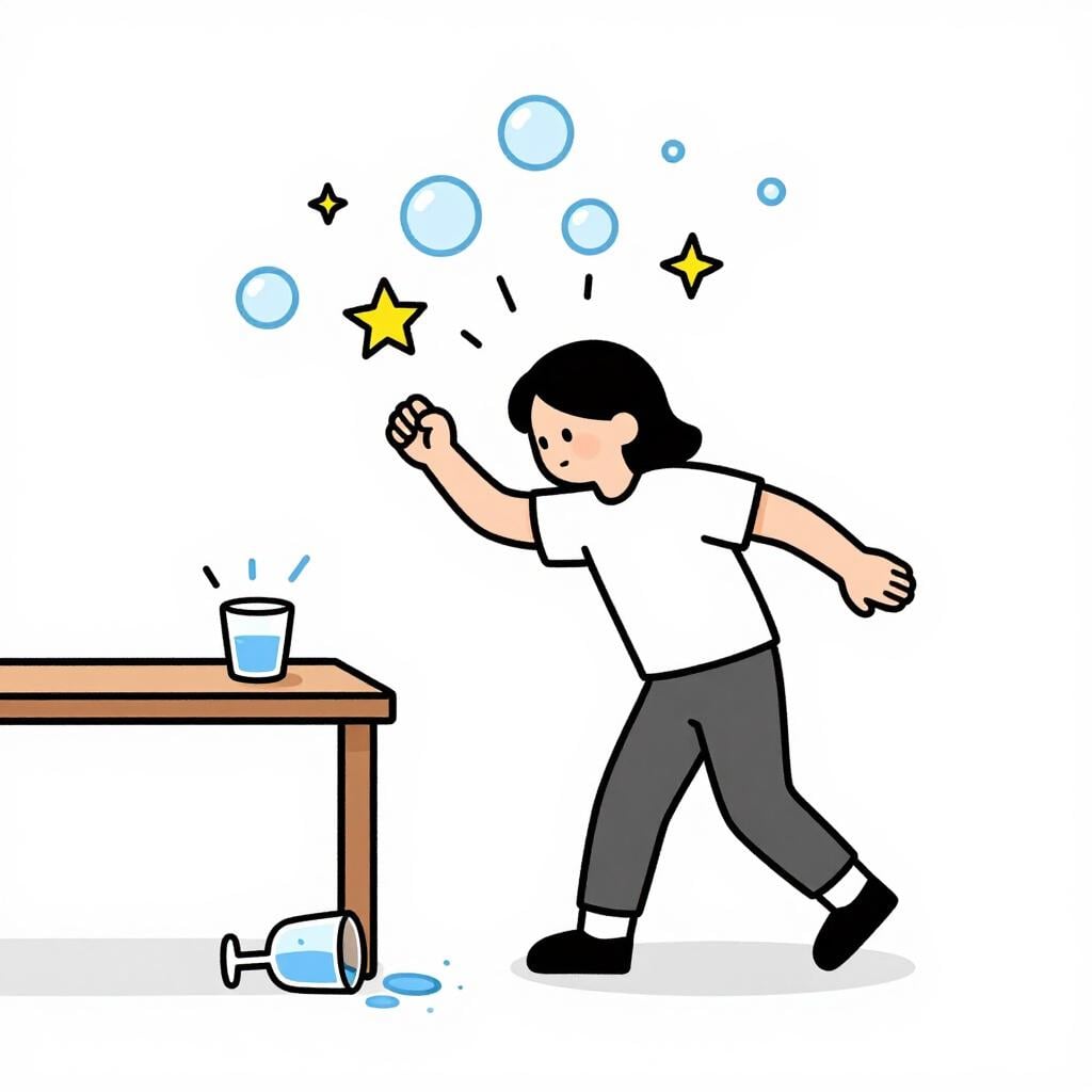 A person swaying unsteadily with a dizzy expression and colorful bubbles around their head, standing next to a tipped-over glass.