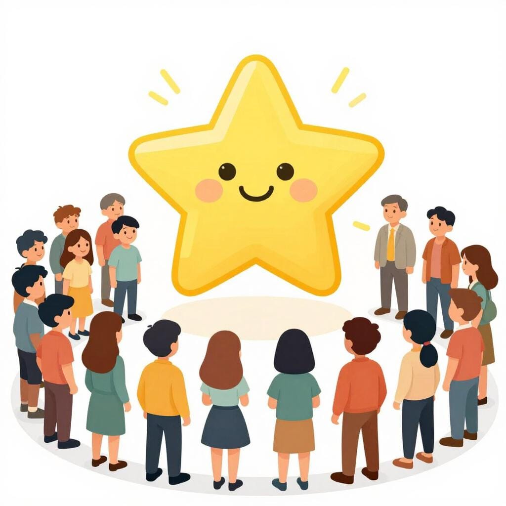 밝게 빛나는 별 주위에 모인 많은 사람들의 모습.