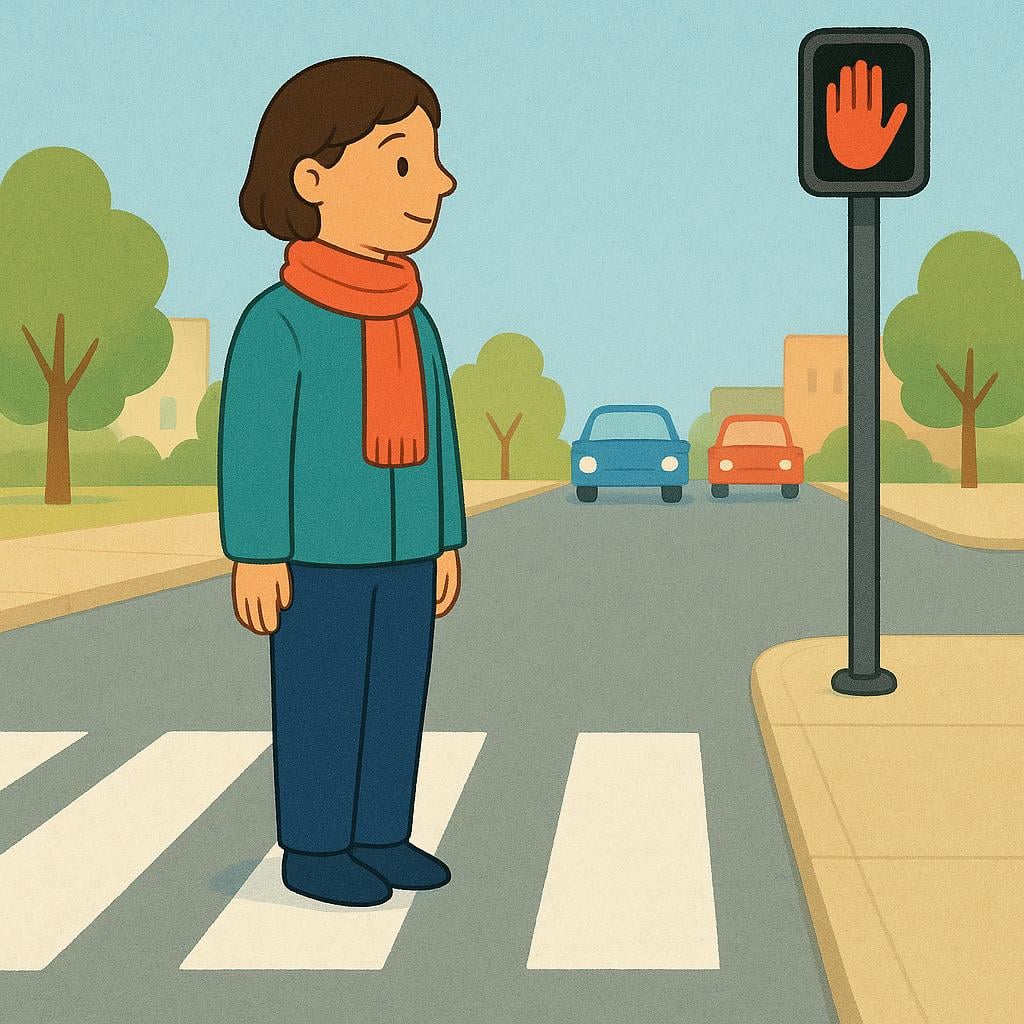 A person standing patiently behind a white painted line on the sidewalk, demonstrating that they are abiding by traffic rules before crossing the street.