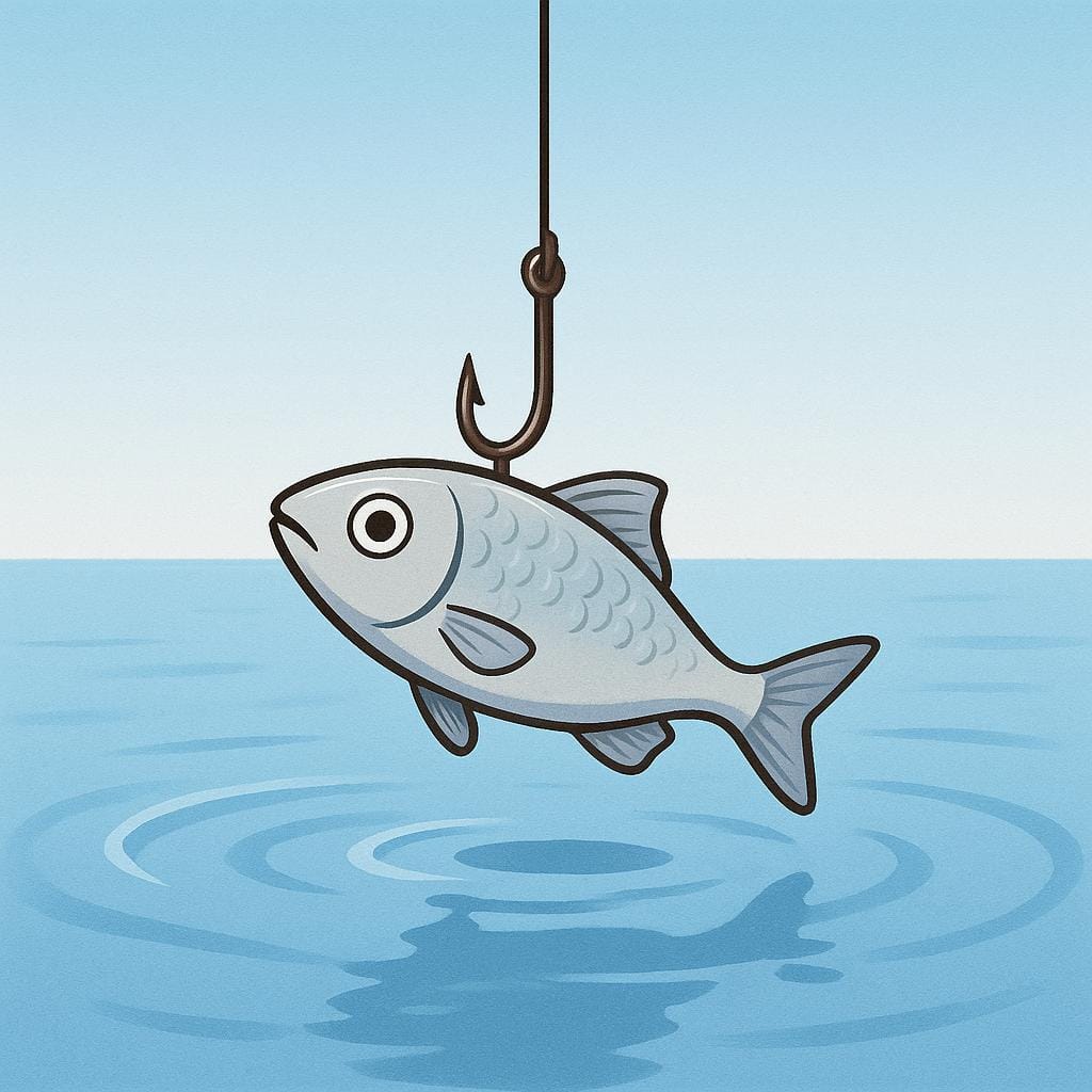 A close-up illustration of a fishing line pulled taut, with a small, silver fish caught on the hook and dangling above the water, indicating the action is complete.
