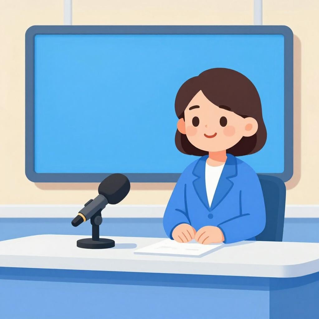 A friendly news anchor sitting behind a professional desk in a television studio with a large screen in the background.