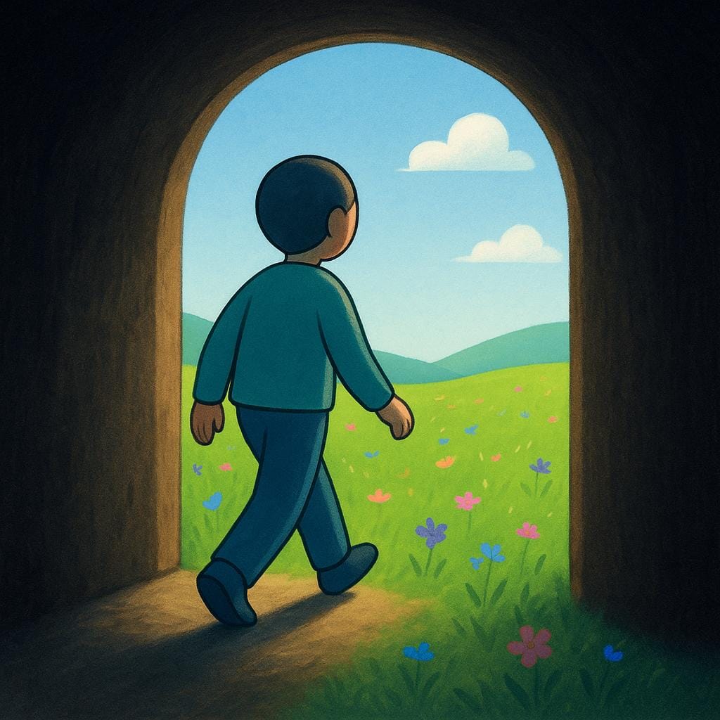 A small figure emerging from the darkness of a narrow tunnel toward a bright, sunlit exit, symbolizing overcoming a difficult experience.