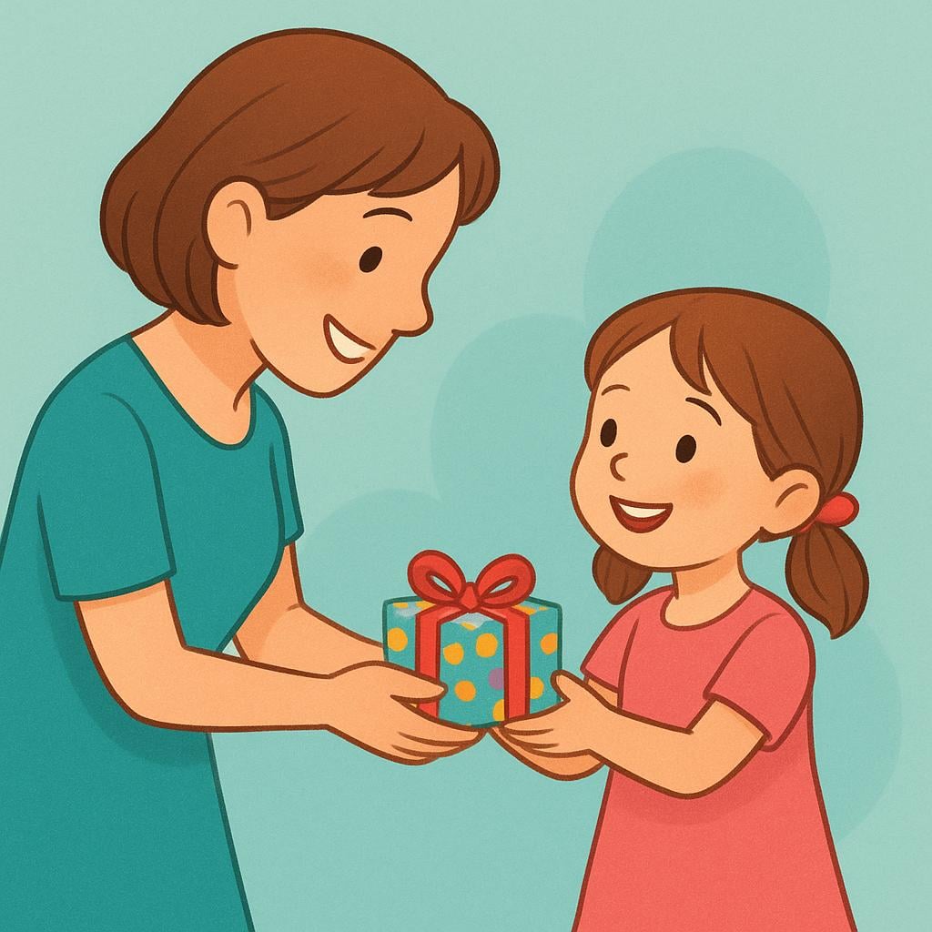 A young child happily handing a wrapped birthday gift to a smiling adult woman who is clearly their aunt.