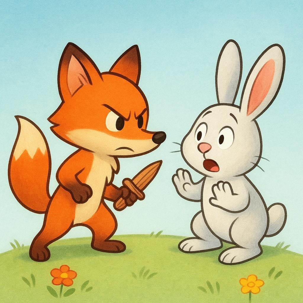 A small, determined cartoon fox holding a tiny, stylized wooden dagger, pointed directly toward a surprised cartoon rabbit. The action emphasizes one character acting decisively against another.