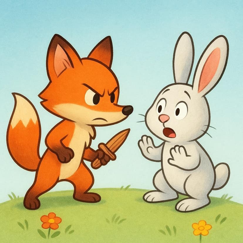 A small, determined cartoon fox holding a tiny, stylized wooden dagger, pointed directly toward a surprised cartoon rabbit. The action emphasizes one character acting decisively against another.