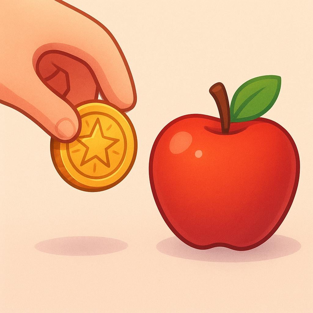 A close-up of a hand placing a large gold coin next to a bright red apple, illustrating the concept of cost or expense.