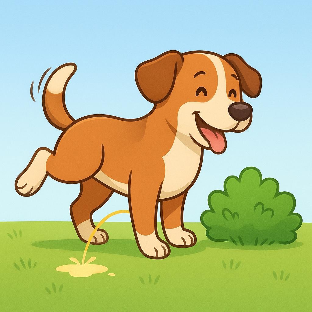 A colorful storybook illustration of a small, happy brown dog lifting its hind leg to urinate near a small green bush.