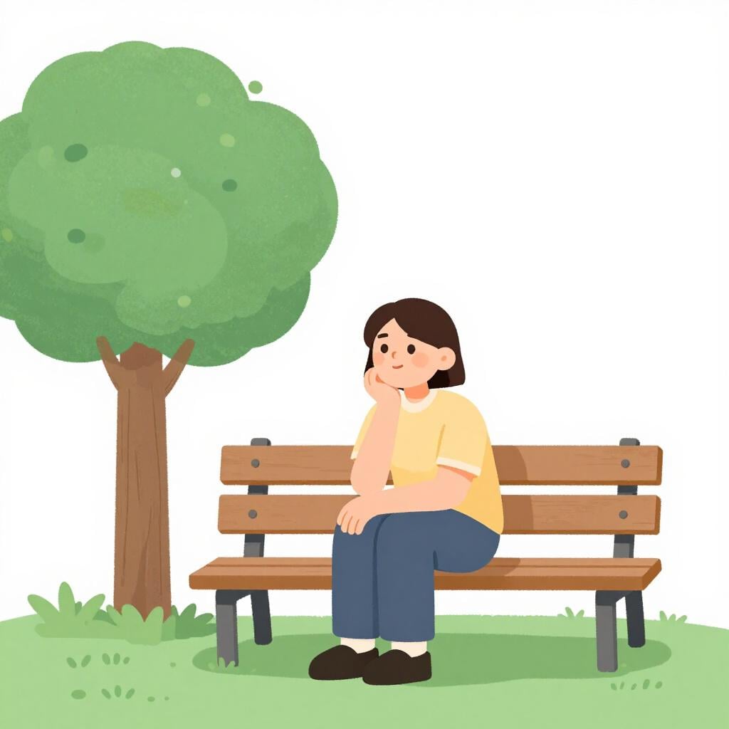 A person sitting on a park bench with their chin in their hand, looking thoughtful.