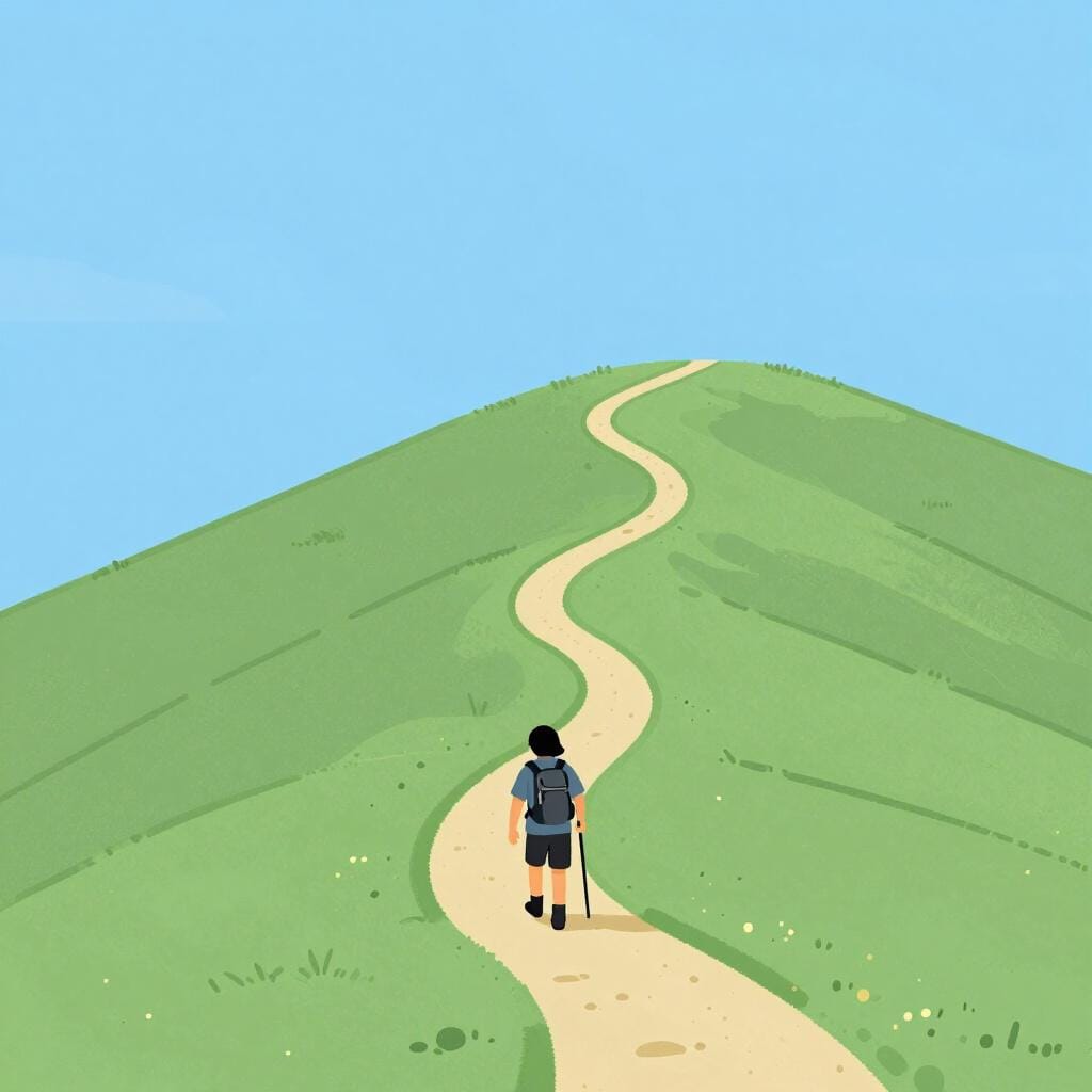 Una piccola figura determinata sta scalando una collina verde estremamente lunga, tortuosa e ripida, illustrando un viaggio lungo e faticoso.