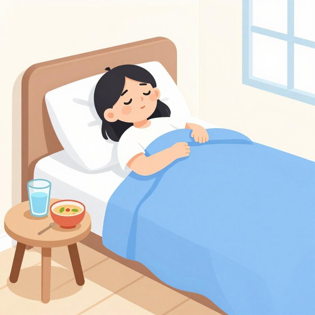 A colorful illustration of a person resting in bed with a warm blanket and a glass of water, showing they are recovering from a lung infection.