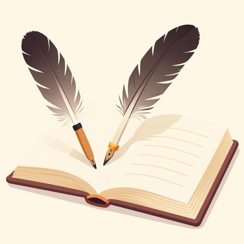 Un livre ouvert montrant une illustration simple d'une plume et d'un encrier.