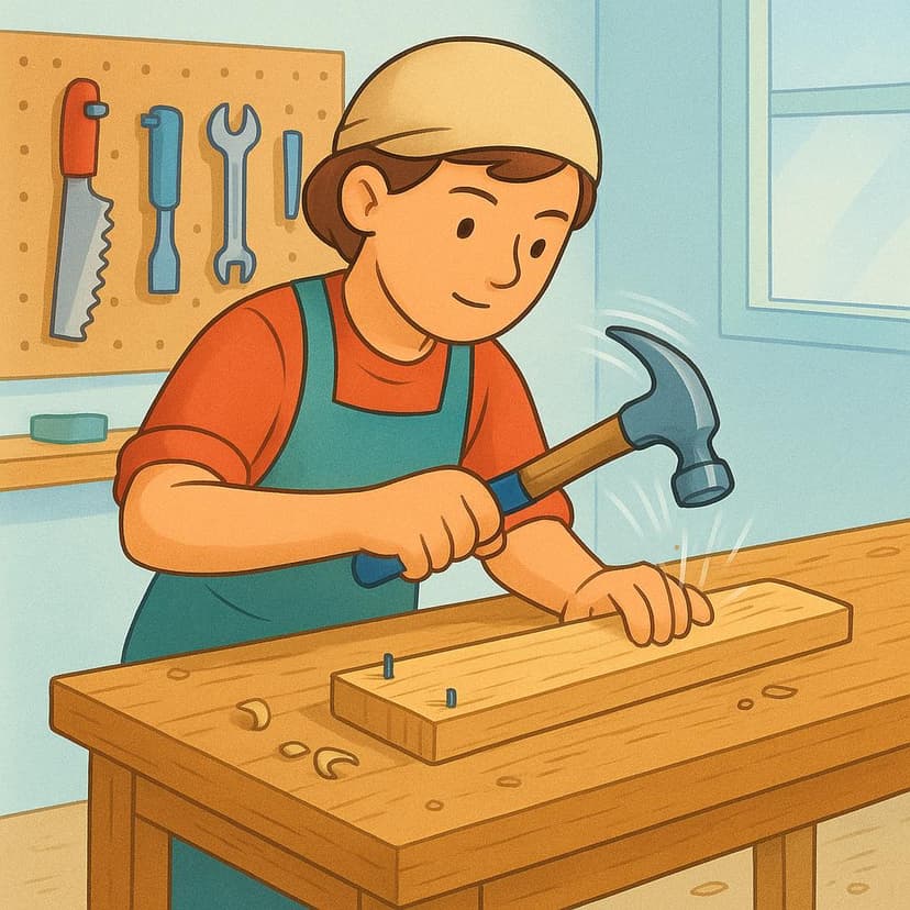 A person wearing a simple work shirt and apron stands at a wooden workbench, actively hammering a nail into a plank of wood. The setting is a brightly lit, organized workshop, suggesting routine labor.