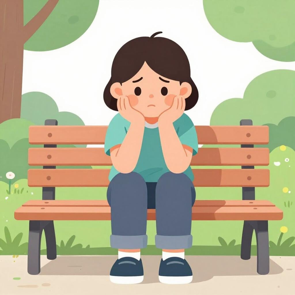 A person sitting on a bench with their head in their hands, looking thoughtful and uneasy.
