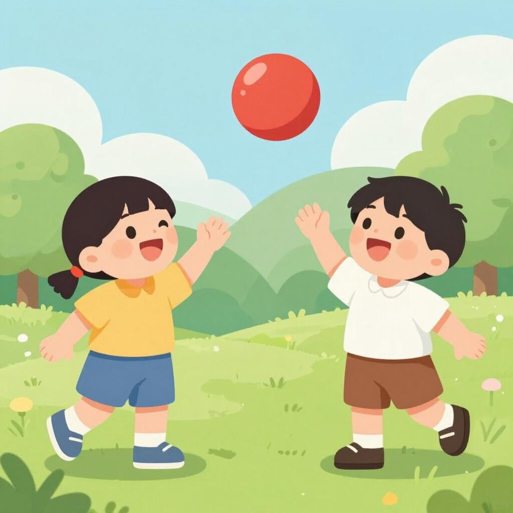 Two children in a sunny park tossing a bright red ball to each other.