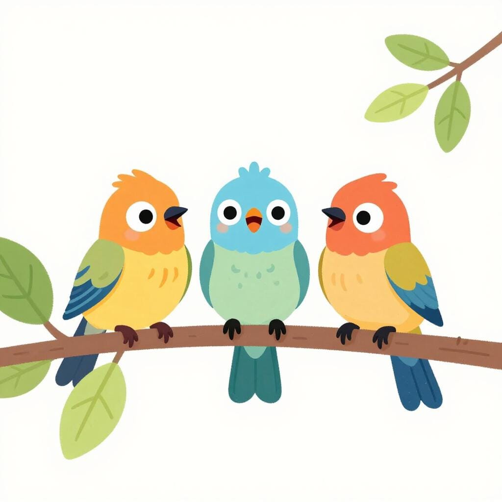 A group of three colorful birds perched on a tree branch with their beaks open as if they are singing.